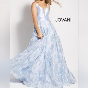 Sz 4 Jovani 60841 Ice Blue Plunge Ballgown with Silver Floral Brocade Organza